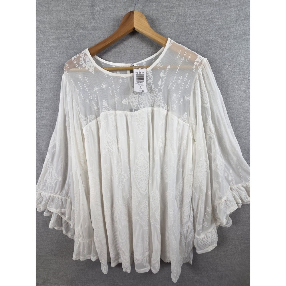 Torrid Flocked Mesh Crew Neck Bell Sleeve Swing Top White 3X Angel Fairy NEW